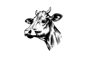 Wall Mural - Cow head with horns logotype engraving style isolated vector illustration.