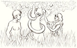 Fototapeta  - Adam and Eve near the tree of the knowledge of good and evil. Pencil drawing