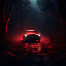 Halloween Car In The Dark Forest Glowing Red