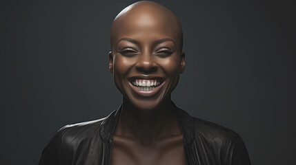 Bald happy dark-skinned girl on a dark background. AI generation