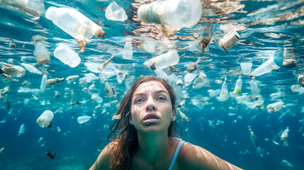 woman dives in ocean water with plastic waste, ecological problem, global pollution of the planet, made with Generative AI