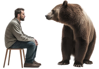 Wall Mural - Man sitting on a chair, face to face to a brown grizzly bear, isolated on white background as transparent PNG