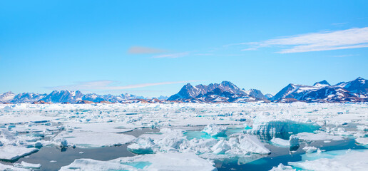 Wall Mural - Melting icebergs by the coast of Greenland, on a beautiful summer day - Melting of a iceberg and pouring water into the sea - Greenland