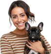 Smiling brunette woman with bulldog dog isolated on white background as transparent PNG, human and animal