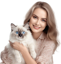 Smiling Brunette Woman With A White Ragdoll Cat Isolated On Transparent Background