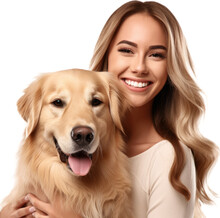 Smiling Pretty Woman With Golden Retriever Dog Isolated On White Background As Transparent PNG