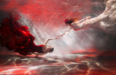 couple two women swim underwater, girl fantasy mermaid river nymph long dress tail silk fabric flutt