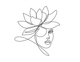 Woman face continuous one line vector drawing. Style templates with abstract female face and lotus. Modern minimalist simple linear style. Beauty fashion design