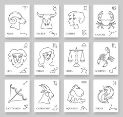 continuous one line zodiac signs. minimalistic horoscope cards with zodiac symbol, illustration, and
