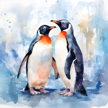 Abstract Watercolor Painting Of A Beautiful Pair Of Penguins. Adaptability And Flair,
 Friendship And Unity. A Symbol Of Honesty. Generative AI. Illustration.