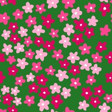 Hand Drawn Seamless Pattern With Pink Green Shabby Chic Flower Floral Elements Lines Dots Leaves, Ditsy Summer Spring Botanical Nature Print, Bloom Blossom Stylized Petals.