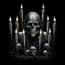Skull And Candles Tshirt Tattoo Design Dark Art Illustration isolated On Black
