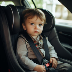 Baby in his baby seat in the car. Generative AI.