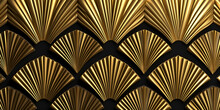 Seamless Golden Art Deco Palm Fan Or Shell Line Pattern
Vintage 1920 Abstract Geometric Arches Gold Plated Relief Sculpture On Black Background AI Generated