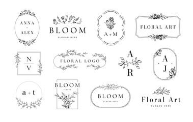 botanique emblem collection. floral frames, monogram with blooming flowers and elegant branches. wed