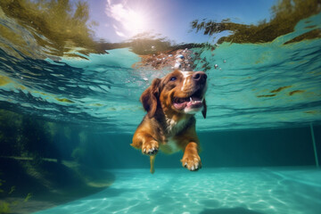 Wall Mural - fun dog underwater swimming vacation pool water funny snorkeling puppy. Generative AI.