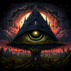 The occult eye scary night illustration