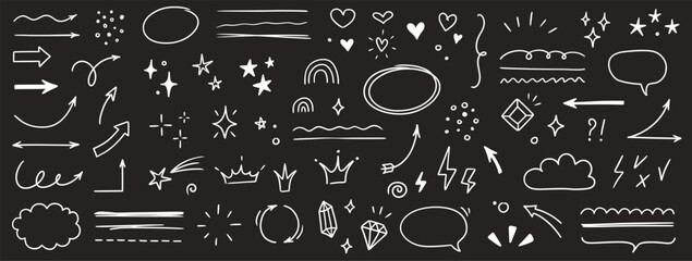 sketch line arrow element, star, heart shape on chalkboard background. hand drawn doodle sketch styl