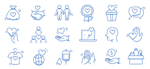 Wall Mural - Charity hand, money, blood donation doodle line icon. Charity volunteer, support, blood donor concept icon set. Volunteer heart, donate food hand drawn doodle sketch style line. Vector illustration