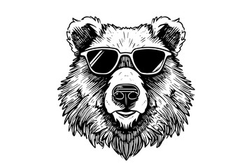 Wall Mural - Bear head in glasses logotype vector engraving style illustration