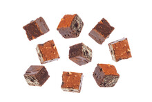 Mini Chocolate Brownies Isolated On White Background In Different Angles.
