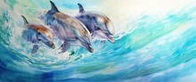 Watercolor Painting Of Three Dolphins In Turquoise Sea Water. Panorama. Banner. Copy Space.