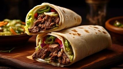 Traditional mexican burrito with beef and vegetables on wooden background