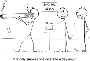 Wall Mural - Person Smoking Huge Cigarette, Vector Gag Cartoon Stick Figure Illustration