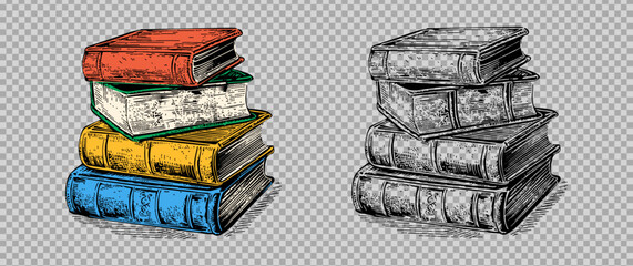 Wall Mural - Sketch engraving transparent stack of books set. Hand drawn vector illustration pack. Color and black and white image