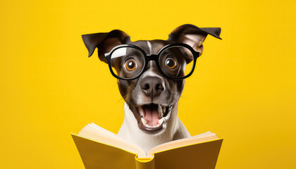 funny amazed dog wear glasses with book on yellow background