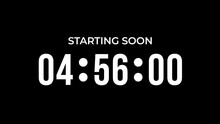 Starting Soon Digital Countdown Clock Timer In 5 Hours To Zero Second. White Text Number On Isolated Black Background. Element For Overlay Concept. 4K Footage Motion Video