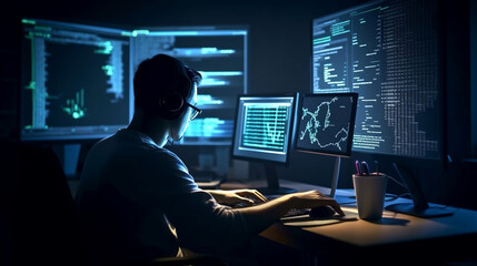 Closeup computer code on screen, Man programmer, software developer coding html and programming on laptop and using digital tablet, mobile app developing, Generative Ai