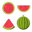 Cartoon fresh watermelon half, wedges and triangles. Piece of red watermelon. Fruit vector set. Flat style. Vector