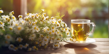 Herbal Tea With Fresh Chamomile Flowers On Old Wooden Background, Still Life With A Cup Of Tea With A Bouquet Of Daisies On The Table, Generative Ai
