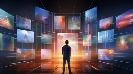 Rear image of person standing and in front of screens. Metaverse concept. Illustration, Generative Ai