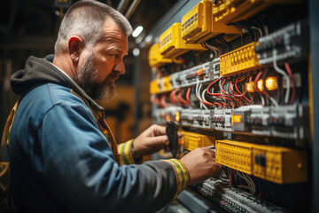 electrician checking an electrical installation close up. electricity and electrical maintenance ser