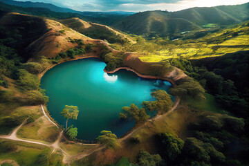 Wall Mural - Colombia landscape with hills and lake. Generative AI Art. Beautiful view.