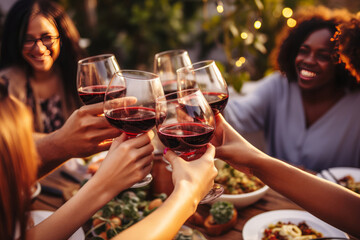 Group of young people hands toasting red wine at rooftop party. AI Generated