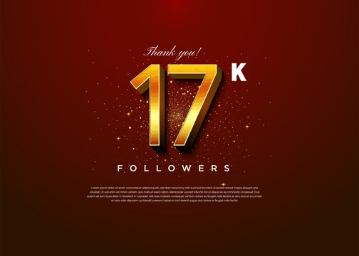 17k followers celebration on dark red background with slight light effect.
