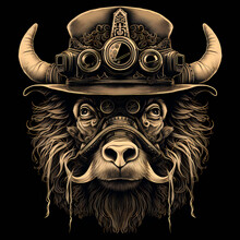 Bison Wearing Steampunk Hat And Google Glasses