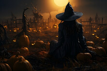 Witch Sitting In A Corn Field Next To A Halloween Pumpkin