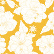 Seamless pattern of terry hibiscus on yellow background.  Hibiscus is changeable background. Floral print for fabric, wallpaper, wrapping paper, home decor and other designs.