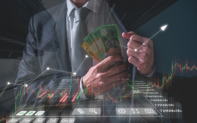 Wall Mural - investment and financial saving concept, Money, Australian dollar (AUD) banknotes, in businessman suit pocket, trading property invest stock market investors