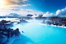 Crystal Clear Waters Of Blue Lagoon - A Cool Arctic Attraction With Stunning Earth Background At Reykjavik, Iceland: Generative AI