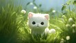 anime style super cute white baby cat hiding in clover grass, chibi animation style illustration. generative AI