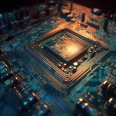 Closeup, cpu and motherboard with circuit, microchip and hardware for information technology. IT, data science and computer system with process, programming and cybersecurity for digital background