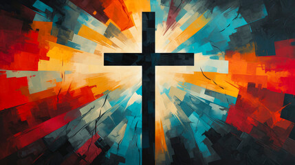 Wall Mural - Colorful painting art of an abstract background with cross. Christian illustration.
