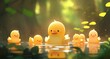 © yj - anime style a few super cute little yellow ducks hiding in forest lake, chibi animation style illustration. generative AI