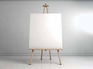 Wooden easel with blank white canvas in loft empty interior.