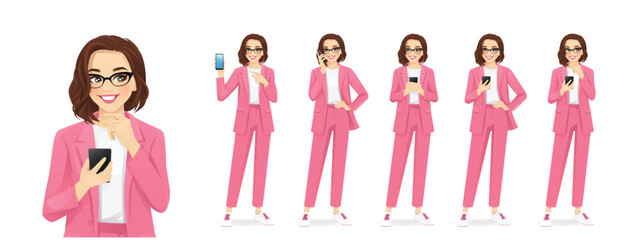 Wall Mural - Portrait of business elegant woman holding mobile phone, talking, texting and showing empty screen isolated set vector illustration